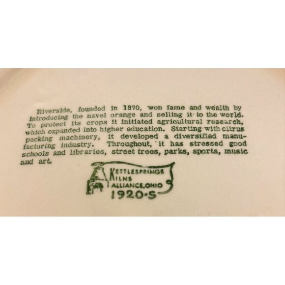 Riverside, CA Centennial Decorative Plate Kettlesprings Kilns 1920-S Green Vtg - Picture 3 of 4